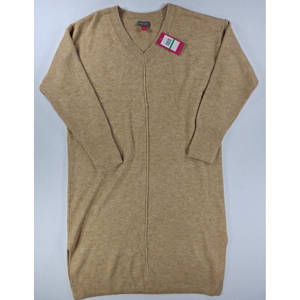 Vince Camuto Womens L Sweater Dress V Neck Side Slit Long Sleeve Latte Brown